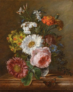 ₴ Репродукция цветочный натюрморт от 329 грн.: Натюрморт с хризантемами, розами, нарциссами, бархатцами и другими цветами в стеклянной вазе на выступе с бабочкой