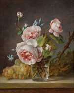 ₴ Репродукция цветочный натюрморт от 329 грн.: Натюрморт с розами в стеклянной вазе с виноградом рядом