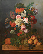 ₴ Репродукція квітковий натюрморт відомого художника "Букет квітів, ананасів, персиків та винограду на столі"