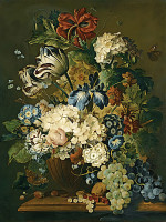 ₴ Репродукція квітковий натюрморт "Натюрморт з квітами та виноградом на кам'яному виступі"