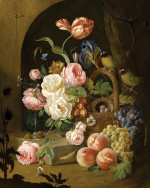 ₴ Репродукция цветочный натюрморт "Букет цветов с виноградом и певчими птицами"