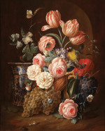 ₴ Репродукция цветочный натюрморт "Натюрморт с цветами, фруктами и вазой"