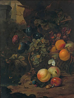 ₴ Репродукция натюрморт художника "Фрукты в плетеной корзине с улиткой, стрекозой и мышью"