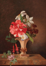 ₴ Репродукция цветочный натюрморт "Букет цветов с камелиями и нарциссами"