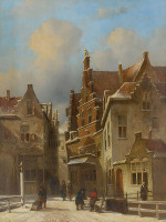 ₴ Репродукция городской пейзаж "Снежный городской пейзаж с фигурами на мосту"