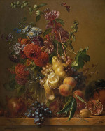 ₴ Репродукция натюрморт художника "Натюрморт с георгинами, мальвами и другими цветами в стеклянной вазе"
