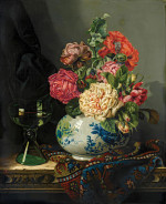 ₴ Репродукция цветочный натюрморт "Розы в сине-белом вазе с ремером и турецким ковром"