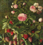 ₴ Репродукция цветочный натюрморт "Розовые розы и клубника"