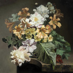 ₴ Репродукция цветочный натюрморт "Натюрморт с цветами в стеклянной вазе на мраморном выступе"