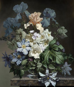 ₴ Репродукция натюрморт "Натюрморт с цветами в стеклянной вазе на мраморном выступе"