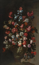 ₴ Репродукция цветочный натюрморт художника "Натюрморт с розами, лилиями, маками, ипомеями и другими цветами в скульптурной вазе"