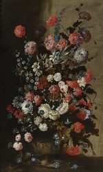 ₴ Репродукция цветочный натюрморт художника "Натюрморт с розами, лилиями, маками, ипомеями и другими цветами в скульптурной вазе"