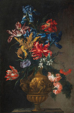 ₴ Репродукция цветочный натюрморт художника "Тюльпаны, ирисы, нарциссы и другие цветы в бронзовой урне"