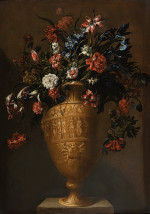 ₴ Репродукция цветочный натюрморт художника "Натюрморт с тюльпанами, гвоздиками, ирисами и другими цветами в резной урне в виде декоративного краба"