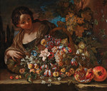 ₴ Репродукция натюрморт художника "Цветы и фрукты на каменном выступе с молодой женщиной"