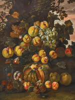 ₴ Репродукция натюрморт художника "Натюрморт с дыней, яблоками, виноградом, персиками, айвой и сливами у дерева"