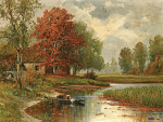 ₴ Репродукция пейзажа известного художника "Осенний речной пейзаж с прачкой"