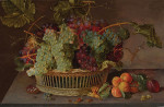 ₴ Репродукция натюрморт "Натюрморт с абрикосами, сливой и гранатом, фундуком, комнатной мухой и плетеной корзинкой с виноградом"