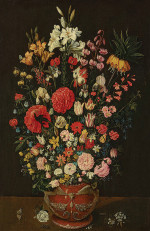 ₴ Репродукция цветочный натюрморт "Букет цветов в терракотовой вазе с насекомыми"