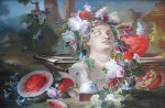 ₴ Репродукция цветочный натюрморт "Натюрморт с цветами, гирляндами вокруг мраморного бюста с разрезанным арбузом и гранатом возле каменного постамента"