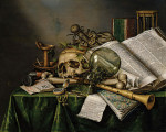 ₴ Репродукция натюрморт "Натюрморт с книгами, рукописями и черепом"