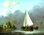 ₴ Репродукция пейзаж от 333 грн.: Голландский пейзаж реки с людьми на лодках