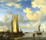 Морской пейзаж: Голландские суда у берега и купающиеся мужчины 