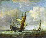 Морской пейзаж: Две маленькие яхты и голландский военный корабль в ветер