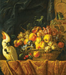 Натюрморт: Инжир, виноград, яблоки и другие фрукты на столе с попугаем