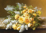 Натюрморт с розами и белой сиренью на столе