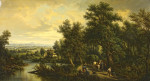 Пейзаж с крестьянами на дороге около реки