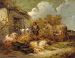 На ферме, мальчик с ослом, свиньями и овцой, собака