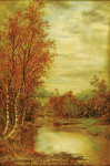Осенний пейзаж с прудом и замковая башня