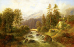 ₴ Репродукция картины пейзаж от 157 грн.: Дом над горной рекой, рядом с мостом