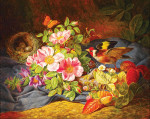 ₴ Картина натюрморт художника от 253 грн.: Щегол возле гнезда, леснве ягоды и цветы