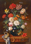 ₴ Репродукция натюрморт от 268 грн.: Гвоздики, тюльпаны, розы и другие цветы в стеклянной вазе и хронограф на каменном столе