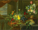 Натюрморт: Корзина фруктов, цветы в золоченых вазах, раковина наутилуса и другие объекты на драпированном столе у открытого окна на фоне пейзажа