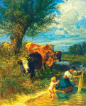 Бытовая живопись: Коровы и прачка около ручья