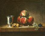 Натюрморт: Персики, серебряный кубок, виноград и грецкие орехи