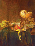 ₴ Репродукция натюрморт от 257 грн.: Банкетный натюрморт с кубком наутилуса, опрокинутым серебрянным стаканом, разрезаный гранат и очищенные лимон на блюде
