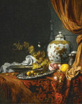 Натюрморт: Синяя и белая граненая ваза, роза и грецкие орехи на оловянной тареле, ван-ли чаша, серебрянный винный холодильник, бокал, лимон на задрапированном ковром столе