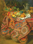 Натюрморт: Фрукты, золотые и серебряные сосуды и белка, все на столе покрытый персидским ковром