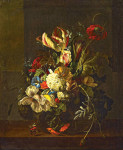 Купить картину натюрморт: Тюльпанами, мак, калина, вьюнок и хризантемы