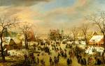 ₴ Картина пейзаж художника от 153 грн.: Панорамный зимний пейзаж с множеством фигур на замершей реке