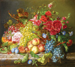Натюрморт с фруктами и цветами на выступе
