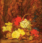 ₴ Репродукция натюрморт от 313 грн.: Розы, лилии, примулы, ромашки в плетеной корзине