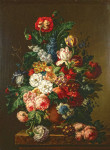 ₴ Репродукция натюрморт от 263 грн.: Розы, тюльпаны, нарциссы, маки и другие цветы в терракотовой вазе на мраморном выступе