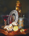 ₴ Репродукция натюрморт от 237 грн.: Устрицы, креветки, лимон, серебрянное блюдо, кружка и кувшин