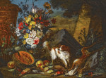₴ Репродукция картины натюрморт от 180 грн.: Букет цветов в вазе, тыква, чернослив и персики, дичь на переднем плане, вместе с собакой
