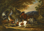₴ Репродукция картины натюрморт от 175 грн.: Лесисты пейзаж с отдыхающим охотником и собаками около дичи